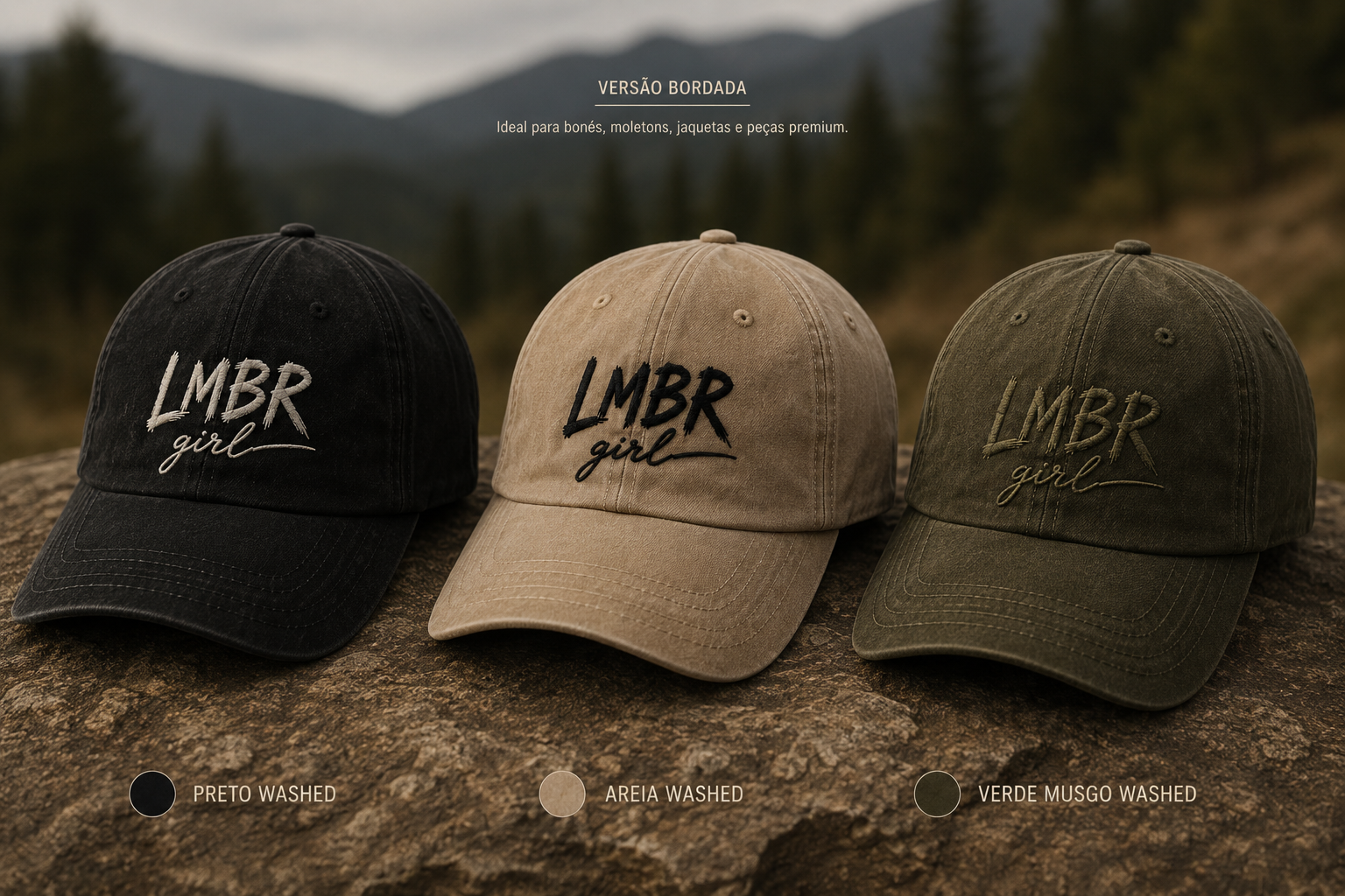LMBR Girl caps — Black, Sand, Moss Washed