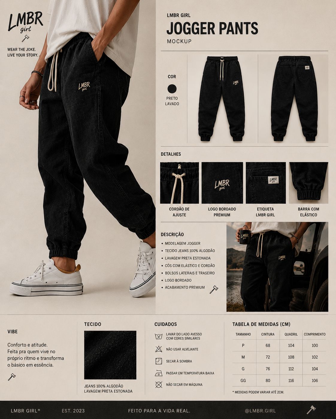 Jogger Pants Black Jeans — denim lavado estonado, LMBR bordado