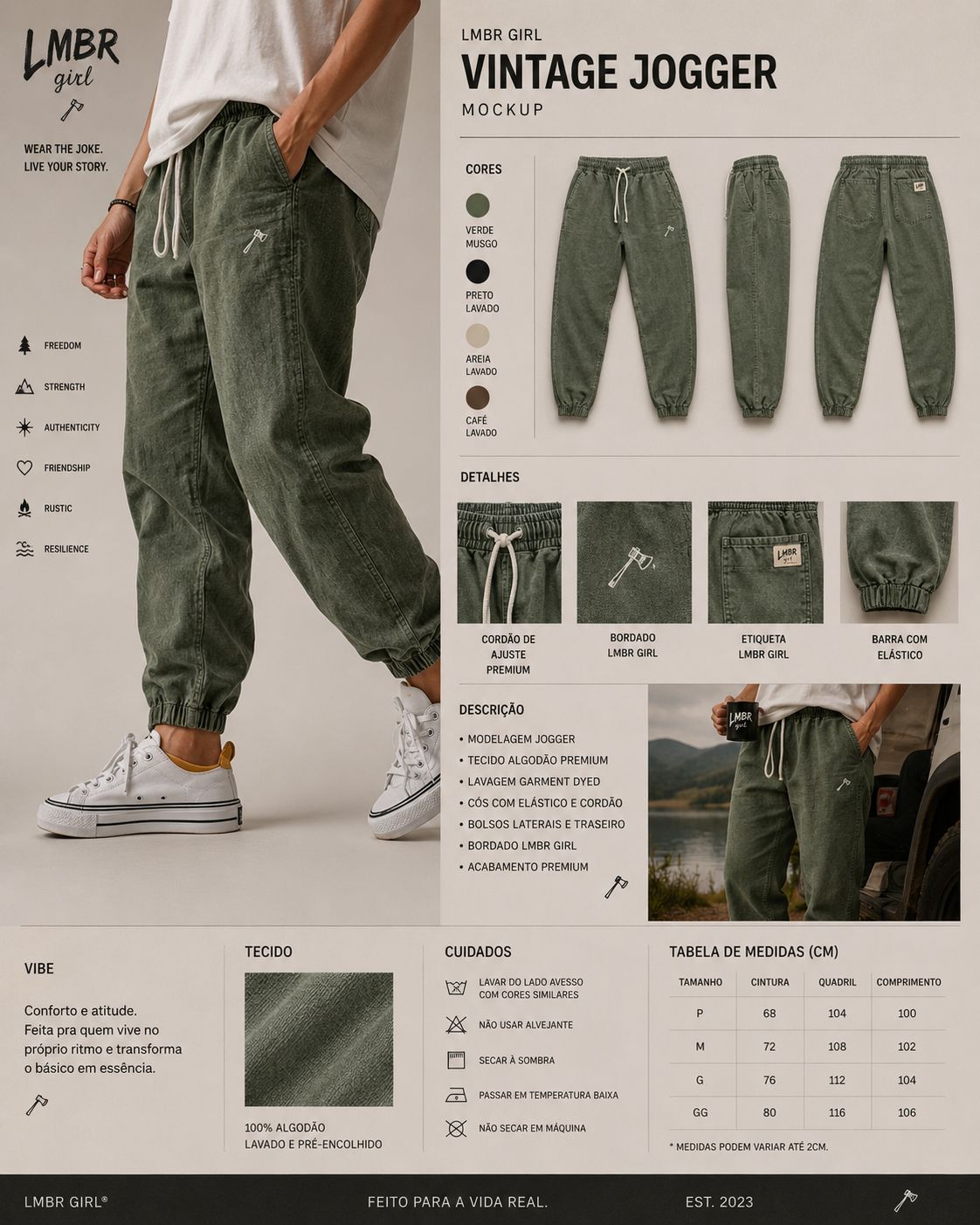 Vintage Jogger Verde Musgo — garment dyed, axe embroidery