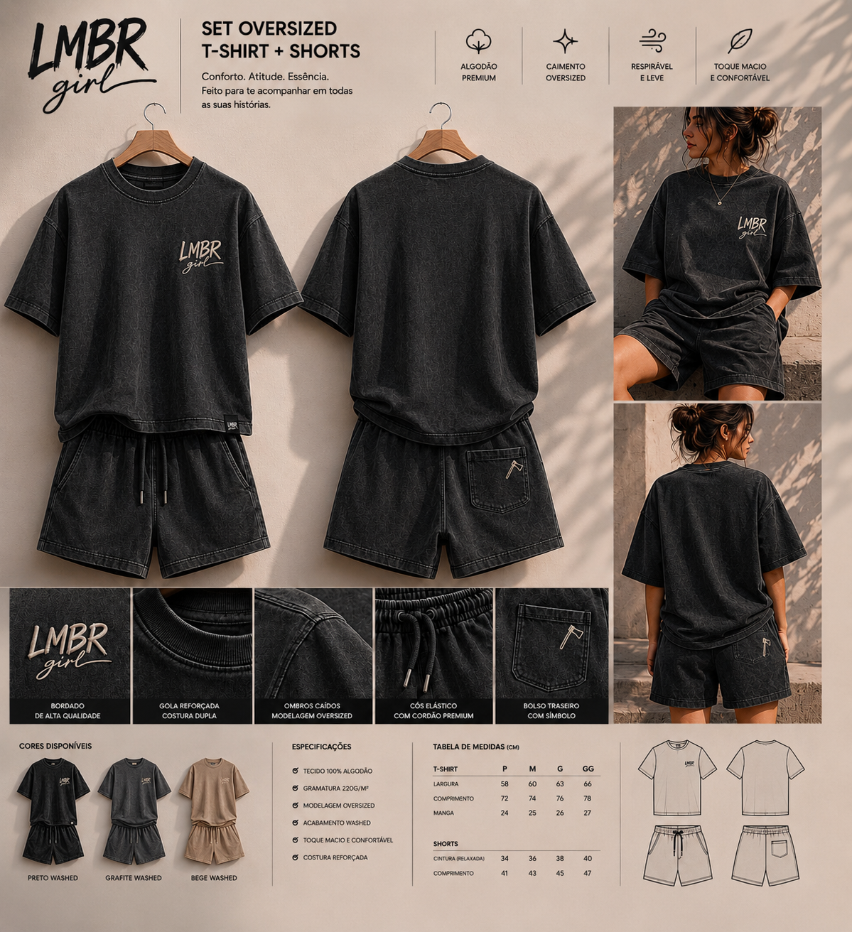 LMBR Girl Set Oversized T-Shirt + Shorts — Preto, Grafite, Bege Washed