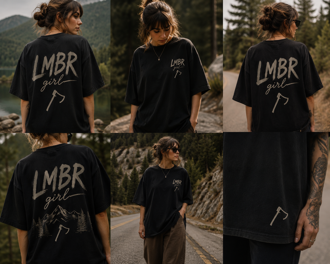LMBR Girl Tee Black Washed — back view with axe print