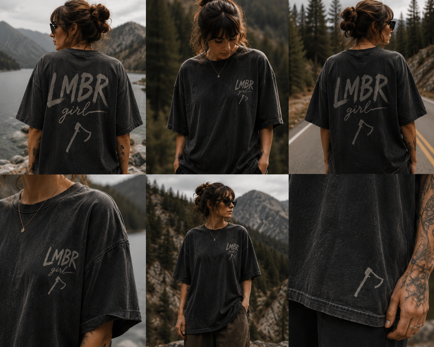 LMBR Girl Tee Graphite Washed — back view in forest