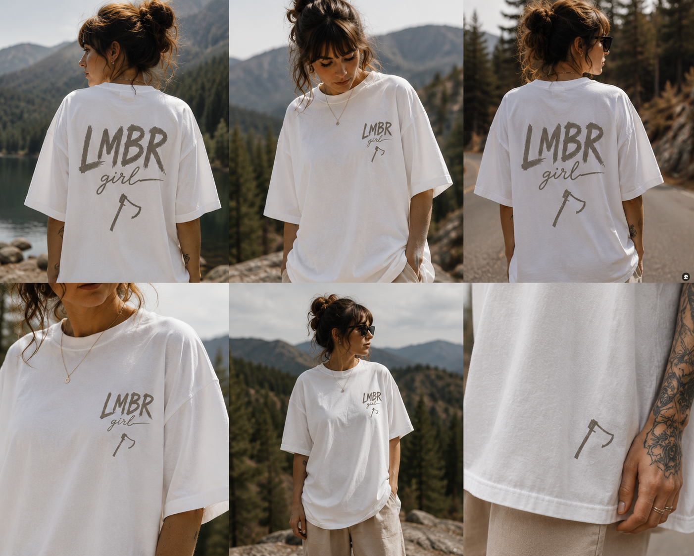 LMBR Girl Tee Off-White — back view, mountains