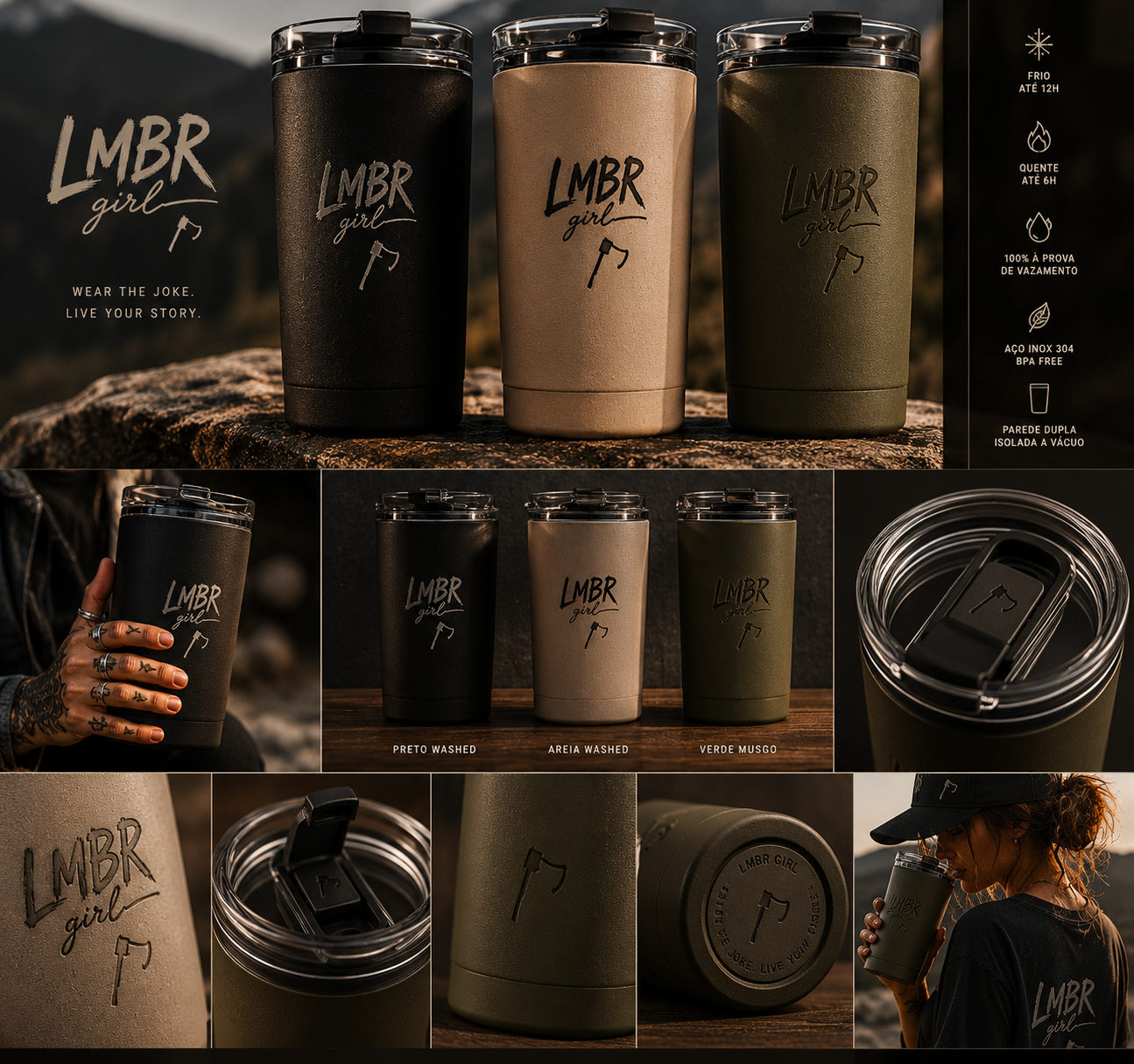 LMBR Girl tumblers — Black, Sand, Moss